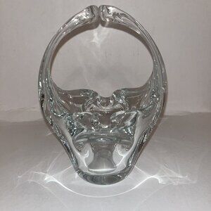 Thick Clear Art Glass Basket Split Handle Vintage 7" Heavy Smooth Bottom